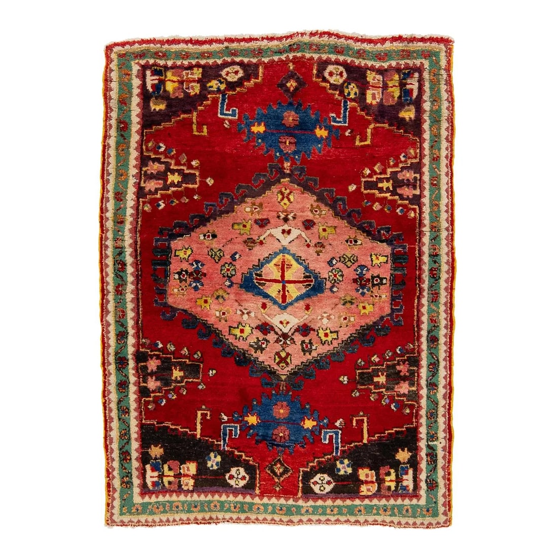 Persian Hamadan Wool Rug Red Medallion 3'4 x 5': Persian Hamadan Wool Rug Red Medallion 3'4 x 5' Add a touch of vintage charm to your space with this exquisite Persian Hamadan wool rug. Featuring a striking red field adorned with a multicolor medall