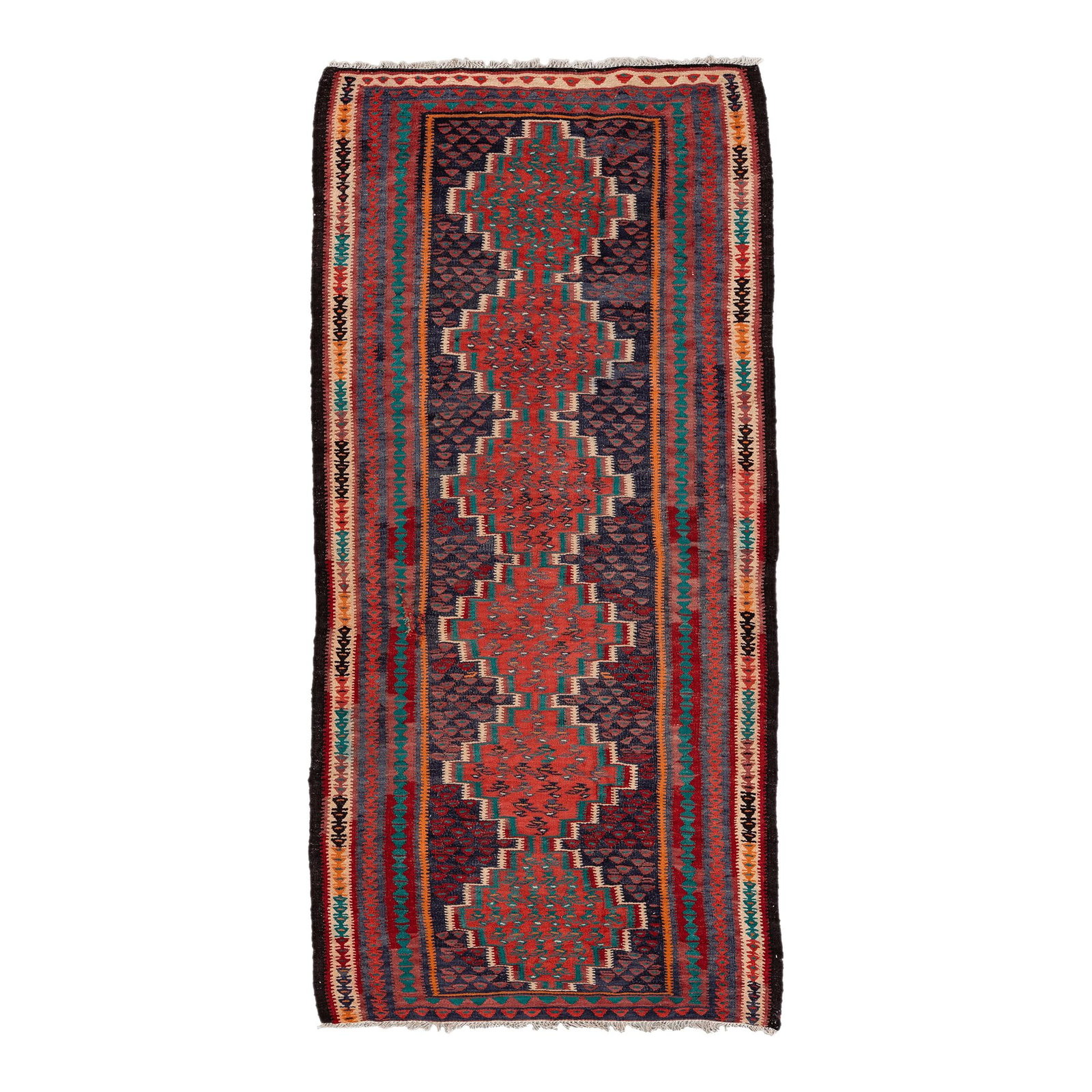 Vintage Kilim Wool Runner Navy Blue Geometric 4'6 x 9'6: Vintage Kilim Wool Runner Navy Blue Geometric 4'6 x 9'6 Enhance your space with this exquisite vintage Kilim handmade wool runner featuring a stunning navy blue field. The flatweave design showcases a
