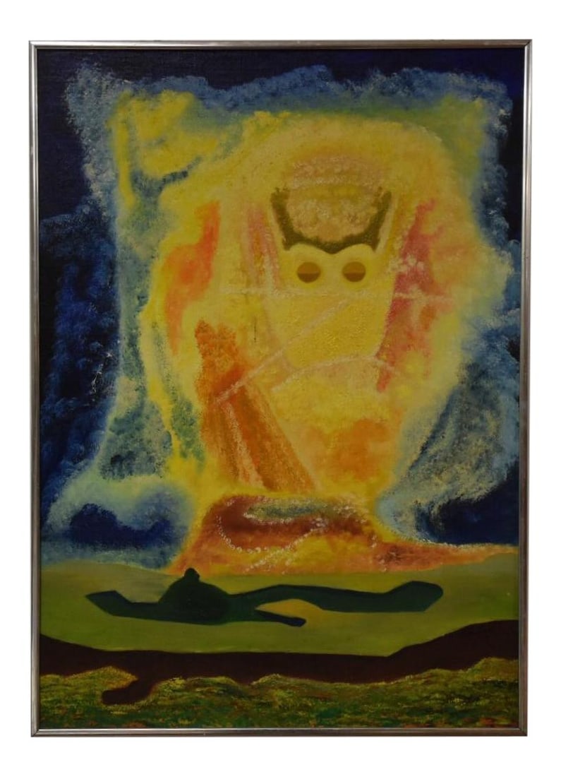 Vibrant 1977 Acrylic Abstract Painting in Chrome Frame: Vibrant 1977 Acrylic Abstract Painting in Chrome Frame Enhance your space with this vibrant 1970s vintage acrylic on board abstract painting. Created in 1977, this piece showcases an impressive array 