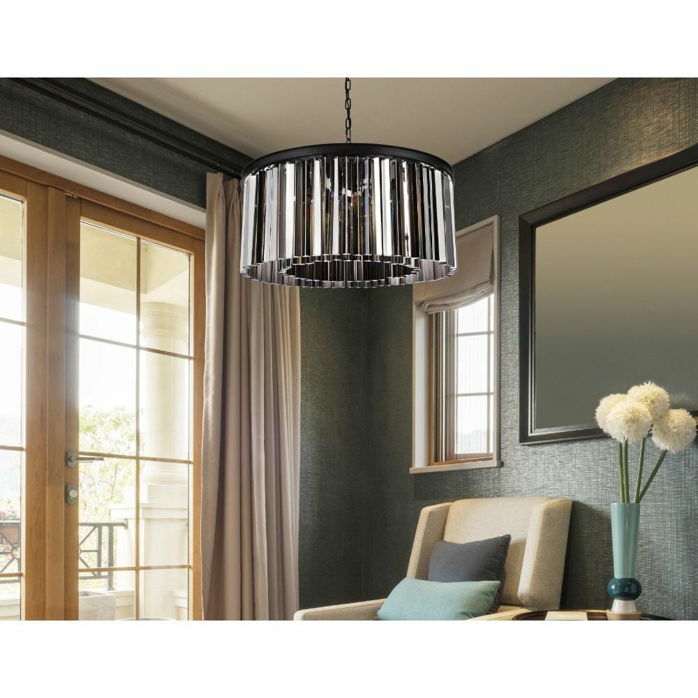 Sydney 8 Light Crystal Chandelier Matte Black 31.5 in: Sydney 8 Light Crystal Chandelier Matte Black 31.5 in Modern 8-light crystal chandelier with a matte black finish and silver shade crystals. It is hardwired, height-adjustable, and designed for indoor