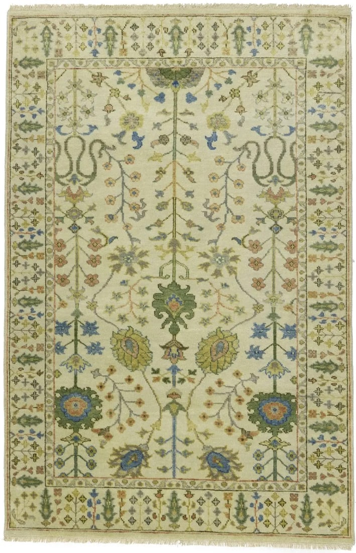 Hand-Knotted Wool Floral Rug 3'11 x 5'11 Modern Entryway Carpet from India: Hand-Knotted Wool Floral Rug 3'11 x 5'11 Modern Entryway Carpet from India This hand-knotted wool Oriental rug features a small floral design in muted tones of ivory, blue, green, gold, brown, and gra