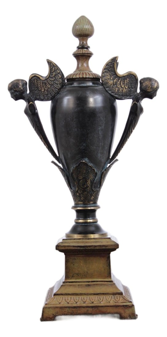 Neoclassical Bronze Urn Featuring Figural Handles Circa 1980s (1 of 10)