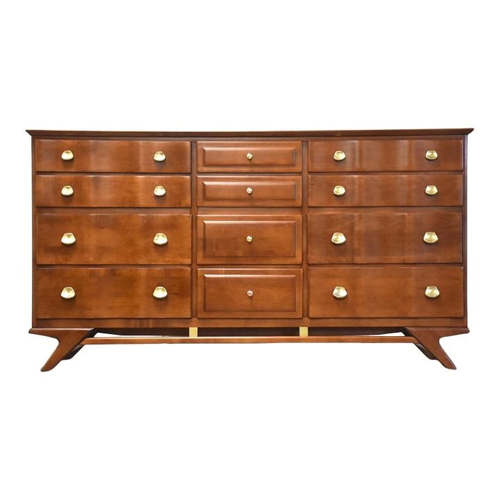 Mid Century Modern Walnut Maple Dresser by Kling Furniture: Mid Century Modern Walnut Maple Dresser by Kling Furniture Enhance your space with this stunning mid-century modern dresser crafted by Kling Furniture. This piece features a rich walnut color and is c