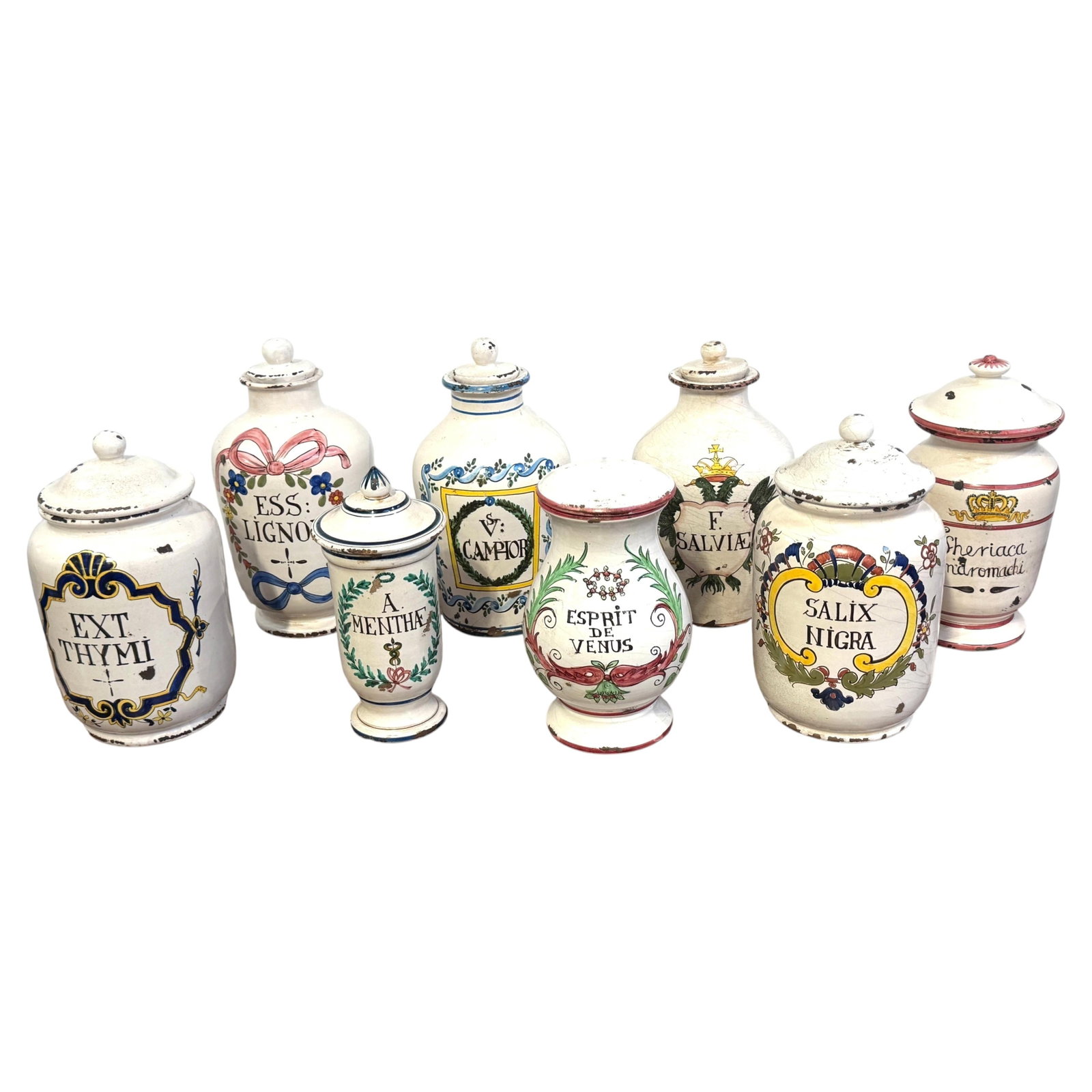 Italian Maiolica Apothecary Jar Set of 8 with Lids Montelupo Tuscany: Italian Maiolica Apothecary Jar Set of 8 with Lids Montelupo Tuscany This set includes eight Italian hand-painted apothecary jars with lids, crafted in the Montelupo region of Tuscany during the late 