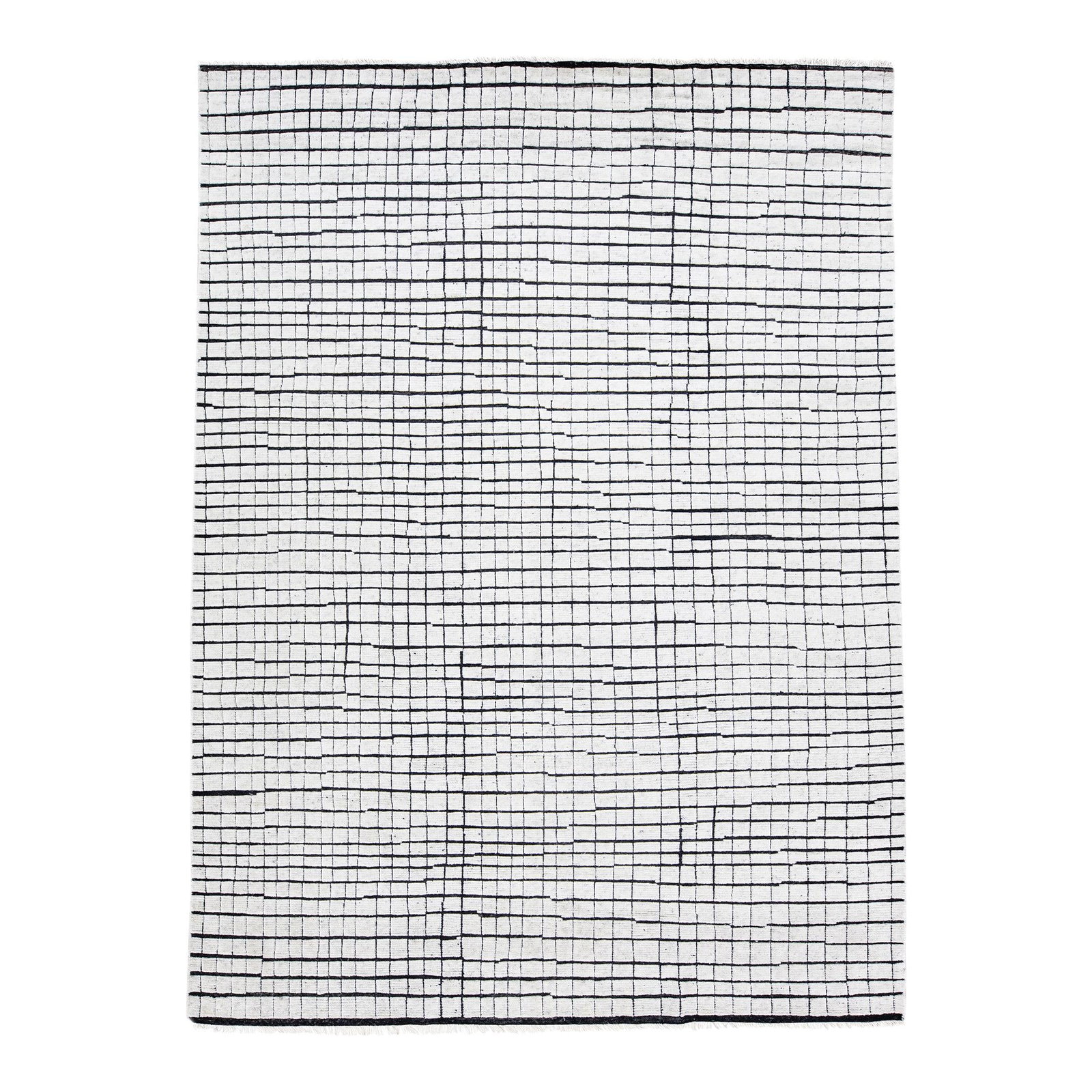 Handmade Moroccan Wool Rug White Black Geometric 9'1 x 12'3: Handmade Moroccan Wool Rug White Black Geometric 9'1 x 12'3 Enhance your living space with this stunning Moroccan-style handmade wool rug. Featuring a striking white field adorned with black accents, 