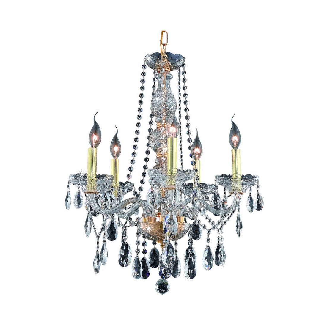 Verona Gold Crystal Glass Chandelier 5-Light Venetian Style: Verona Gold Crystal Glass Chandelier 5-Light Venetian Style This elegant Venetian-style chandelier features a gold finish and clear royal cut teardrop crystals, offering a sophisticated lighting solut