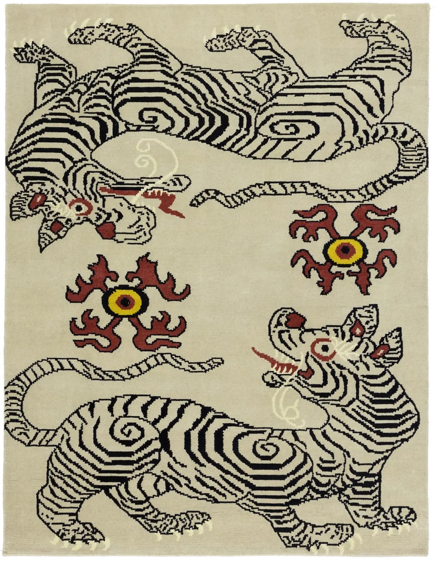 5'3 x 8' Nepali Tiger Wool Tribal Hand-Knotted Area Rug: 5'3 x 8' Nepali Tiger Wool Tribal Hand-Knotted Area Rug Enhance your living space with this exquisite 5'3" x 8'0" Nepali Tiger Oriental Rug, perfect for modern decor. This handcrafted area rug feature