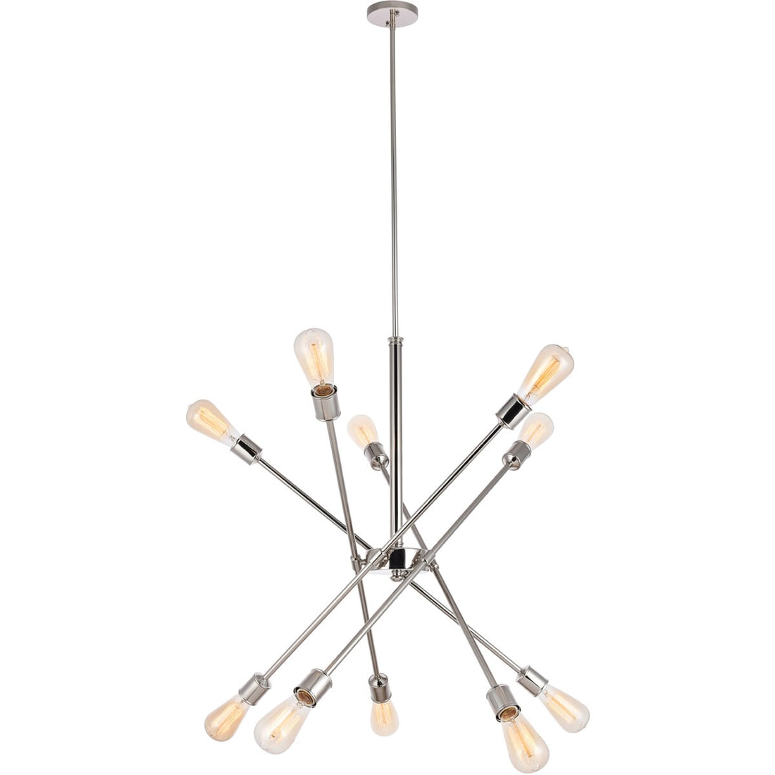 Axel Polished Nickel 10-Light Crystal Glass Chandelier: Axel Polished Nickel 10-Light Crystal Glass Chandelier This modern chandelier features a polished nickel finish with adjustable crossing arms mounted on a central base, allowing you to direct light in
