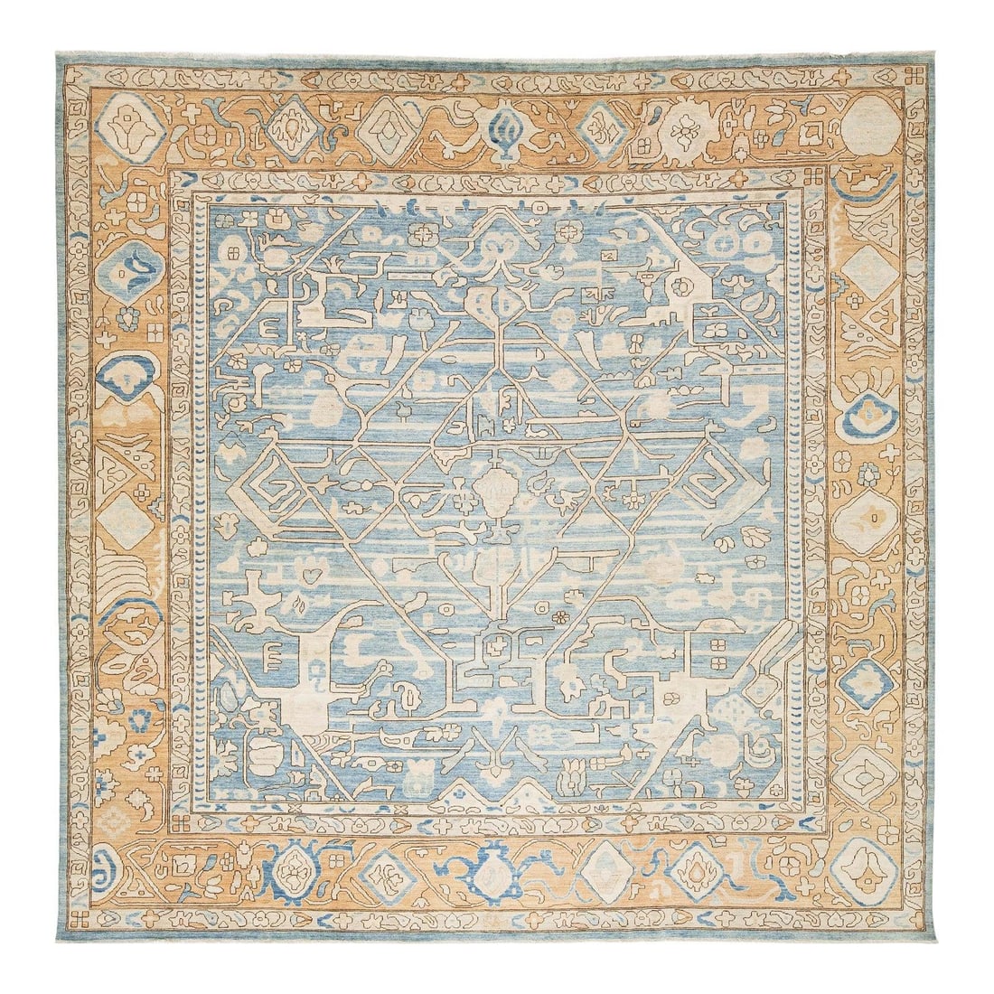 12x12 Wool Oushak Style Geometric Rug in Blue Beige: 12x12 Wool Oushak Style Geometric Rug in Blue Beige This modern Oushak-style rug is hand-knotted from quality wool and showcases a contemporary geometric design inspired by classic Turkish artistry. T