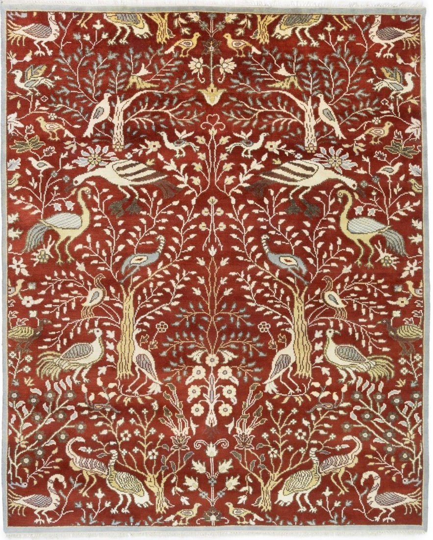 Wool Tribal Chobi Rug with Birds Design Hand-Knotted 8x10 Area Carpet: Wool Tribal Chobi Rug with Birds Design Hand-Knotted 8x10 Area Carpet This hand-knotted Chobi rug features a unique birds pictorial design with a tribal and modern flair. Crafted in India from high-qu