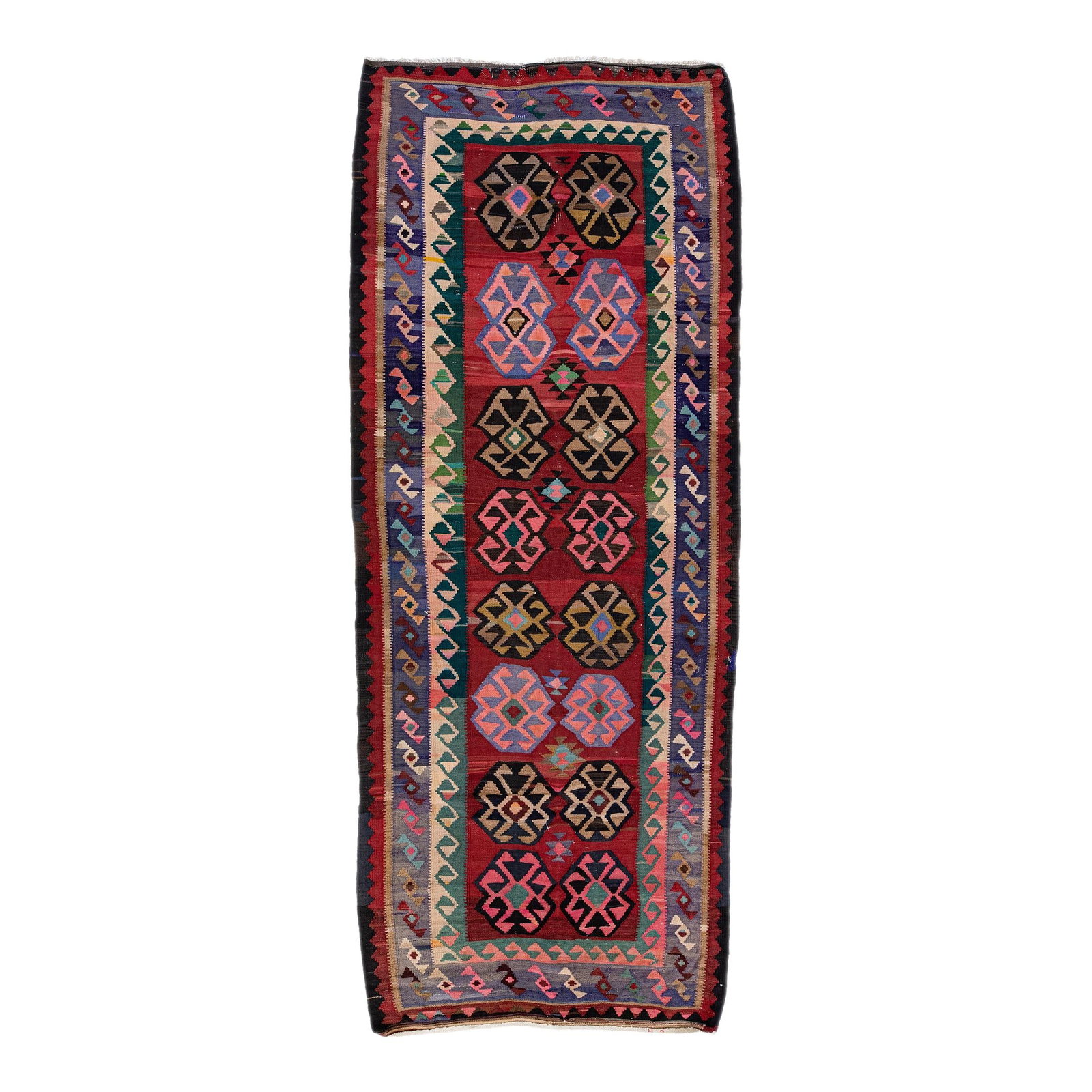 1960s Vintage Turkish Kilim Red Wool Runner Tribal Design 5'2 x 12'7: 1960s Vintage Turkish Kilim Red Wool Runner Tribal Design 5'2 x 12'7 Enhance your space with this stunning vintage Turkish Kilim runner, expertly hand-knotted from quality wool. The vibrant red field 