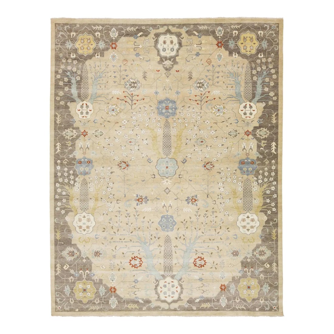 Beige 12 x 15 Handmade Floral Oushak Style Wool Rug: Beige 12 x 15 Handmade Floral Oushak Style Wool Rug Experience the perfect blend of modern elegance and traditional craftsmanship with this handmade Oushak-style wool rug. Featuring a stunning beige b