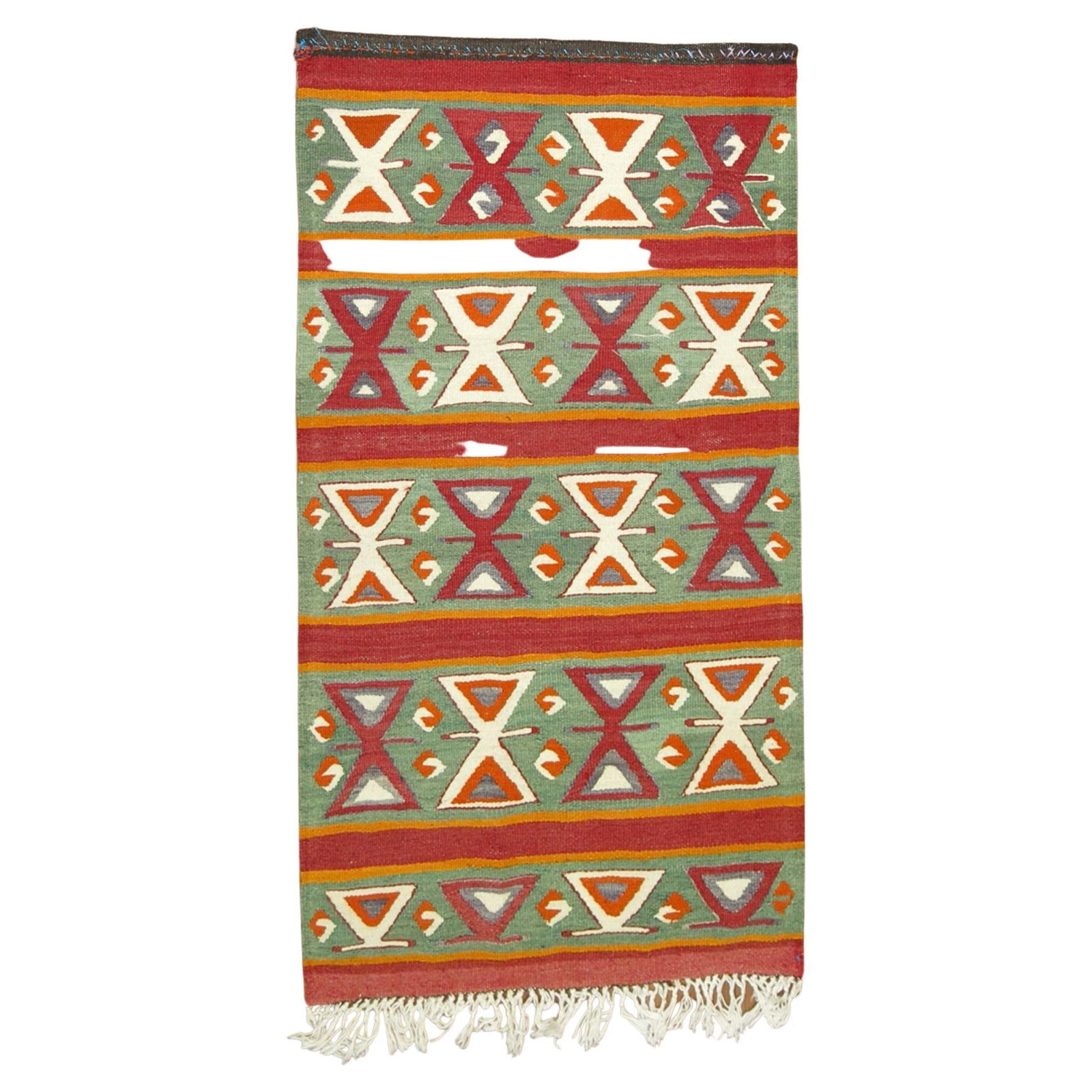 Mid-Century Modern Turkish Kilim Wool Rug 32 x 57 in: Mid-Century Modern Turkish Kilim Wool Rug 32 x 57 in This striking Rustic Turkish Kilim showcases a vibrant geometric pattern in hues of green, red, and orange, embodying the essence of mid-century mo