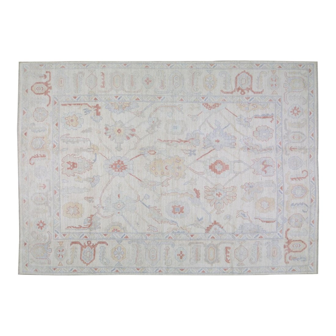 9'10 x 14' Wool Area Rug Hand Knotted in Oushak Style: 9'10 x 14' Wool Area Rug Hand Knotted in Oushak Style This Turkish Oushak rug is hand-knotted from wool using traditional techniques, combining timeless craftsmanship with a modern design sensibility.