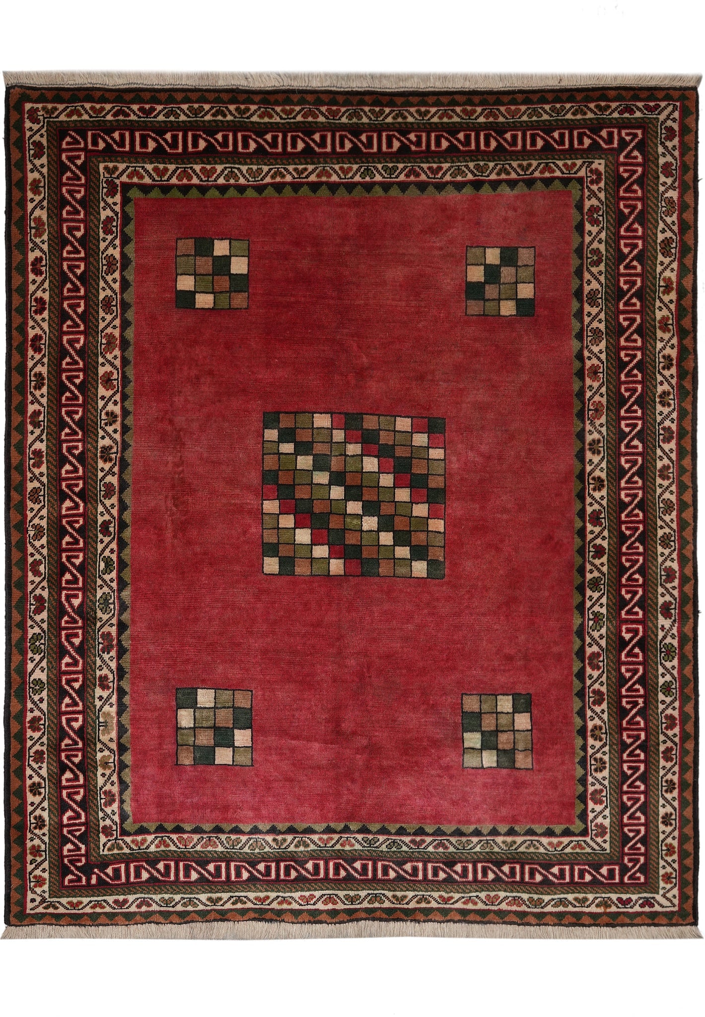 7 x 8 Squarish Handmade Gabbeh Check Wool Rug: 7 x 8 Squarish Handmade Gabbeh Check Wool Rug Free continental US Shipping This 7 x 8 squarish handmade Gabbeh check rug combines traditional Persian artistry with a contemporary geometric design. It 