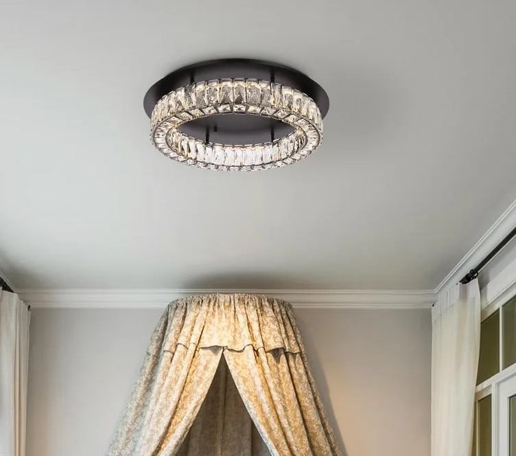 Monroe 22 inch Black Crystal LED Flush Mount Light: Monroe 22 inch Black Crystal LED Flush Mount Light Modern black crystal flush mount chandelier with a round shade shape and integrated LED lighting. It is designed for indoor use and is suitable for r