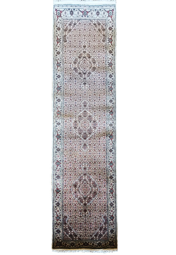 2.3 x 8.10 Hand-Knotted Wool Silk Mahi Tabriz Carpet: 2.3 x 8.10 Hand-Knotted Wool Silk Mahi Tabriz Carpet Free continental US Shipping Enhance your space with this exquisite 2.3 x 8.10 hand-knotted Mahi Tabriz carpet, crafted from a luxurious blend of w