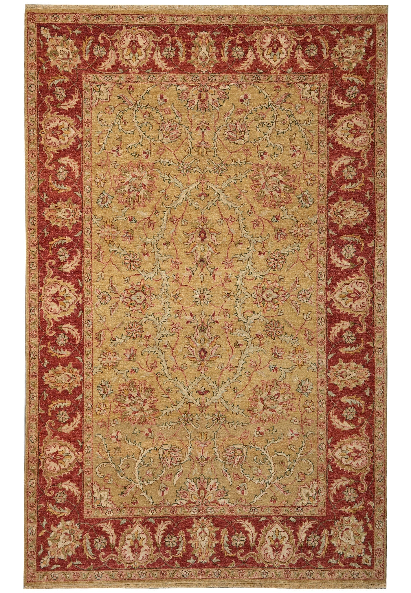 6 x 9 Hand-Knotted Chobi Peshawar Rug Red Gold Wool: 6 x 9 Hand-Knotted Chobi Peshawar Rug Red Gold Wool Free continental US Shipping Hand-knotted Chobi Peshawar rug in a warm rustic red color palette with intricate floral patterns. Made of natural wool