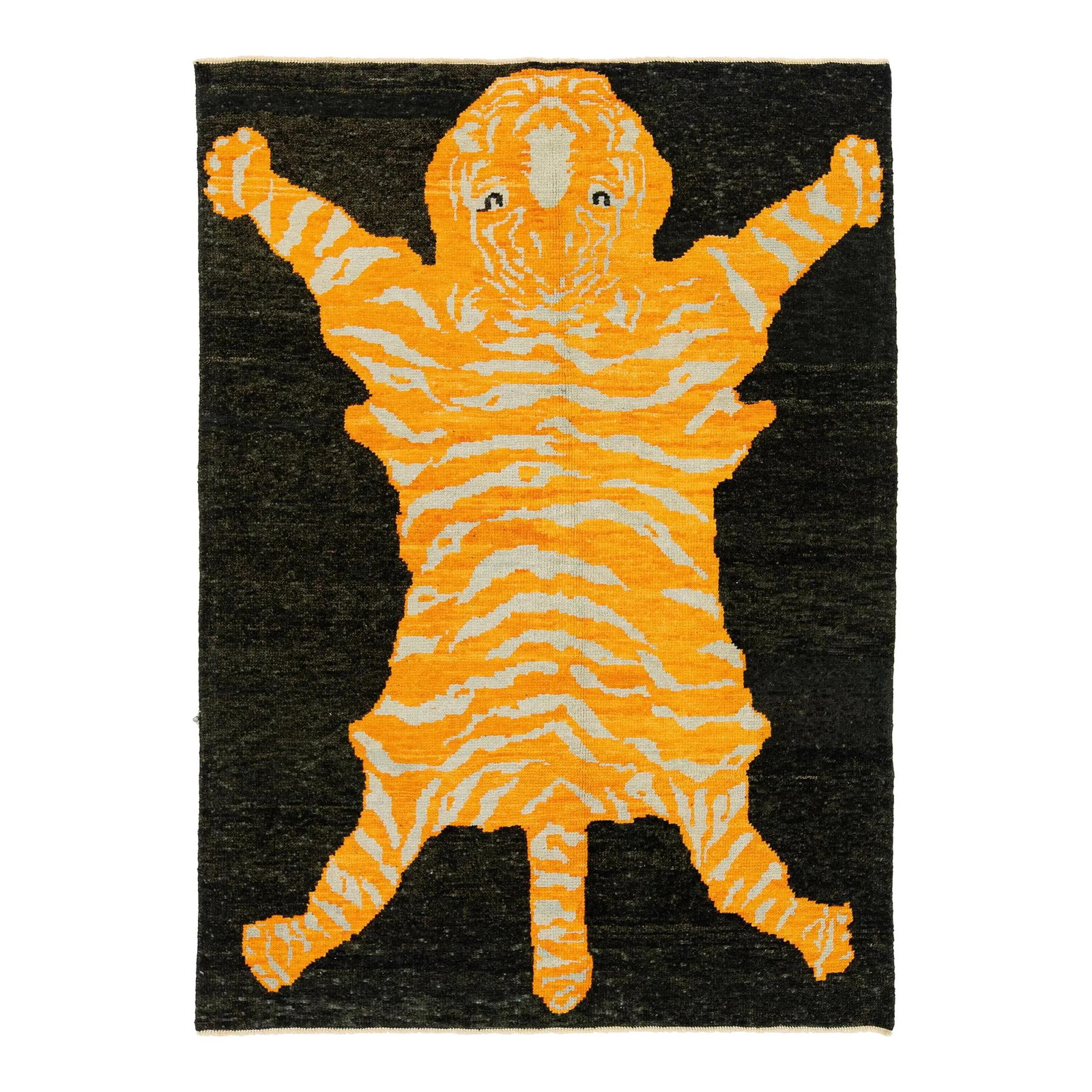 Turkish Art Deco Wool Rug with Tiger Design Black Orange 4'10 x 6'9: Turkish Art Deco Wool Rug with Tiger Design Black Orange 4'10 x 6'9 Transform your space with this stunning handmade Turkish Art Deco wool rug. Featuring a striking black field adorned with a vibrant 