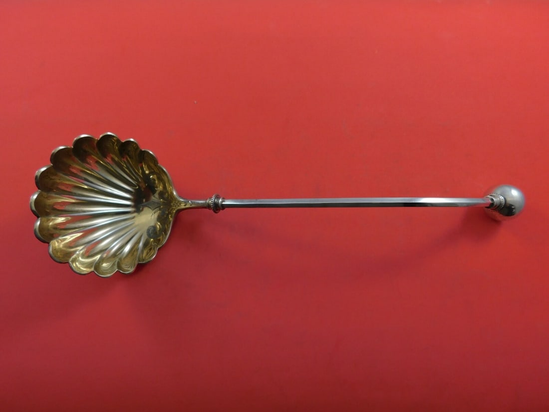 George Sharp Sterling Silver Ball End Oyster Ladle 11 Inch Goldwashed Shell Bowl: George Sharp Sterling Silver Ball End Oyster Ladle 11 Inch Goldwashed Shell Bowl This exquisite 11-inch oyster ladle is crafted from high-quality sterling silver by George Sharp, featuring the elegant