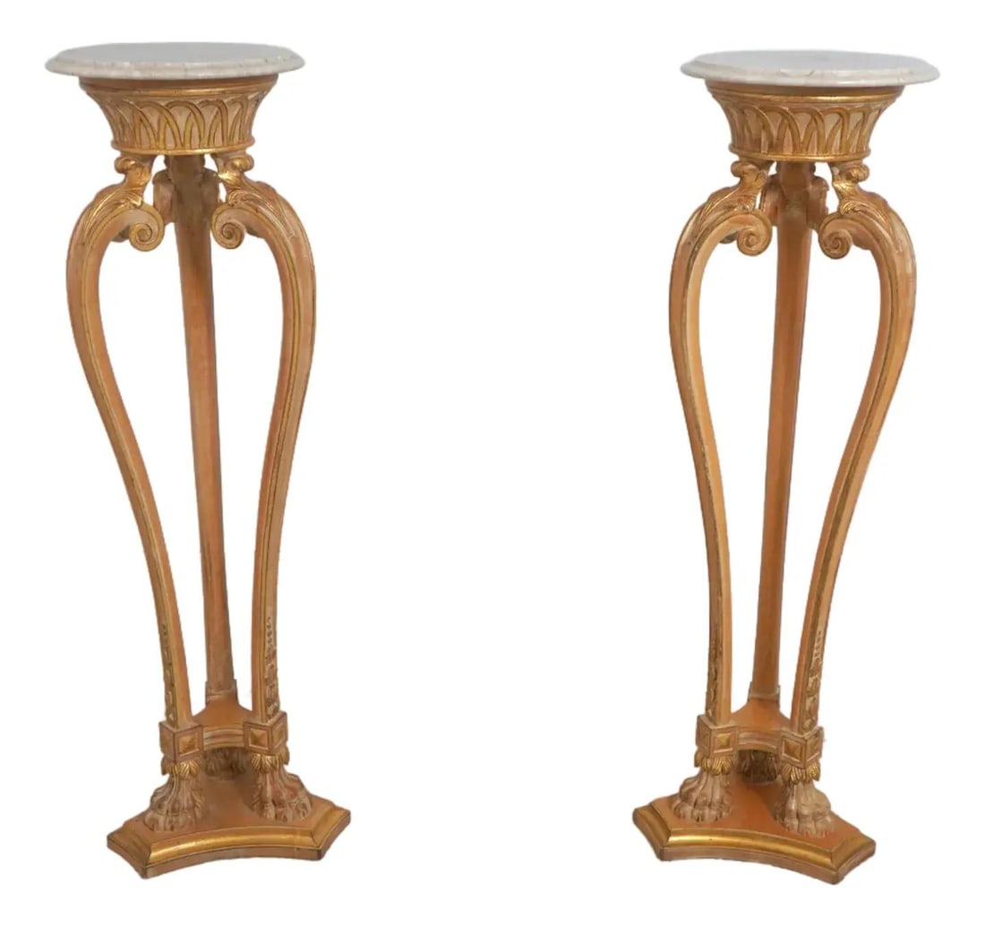 Set of Two Marble Top Pedestals in French Louis XVI Style with Gold Accents: Set of Two Marble Top Pedestals in French Louis XVI Style with Gold Accents This pair of French Louis XVI-style pedestals features quality Italian craftsmanship, highlighted by beautifully carved paw 