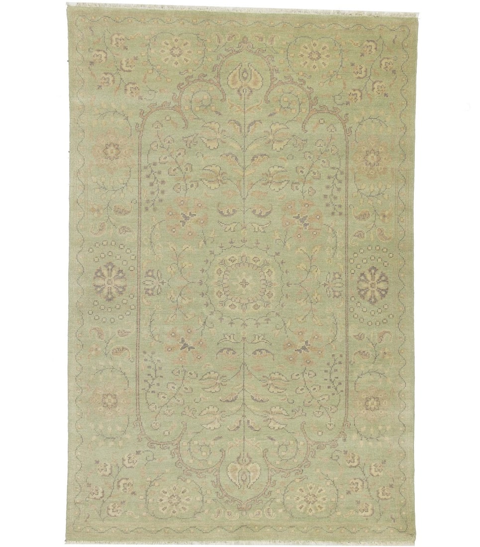 6x9 Handmade Floral Wool Area Rug Light Green Modern Design: 6x9 Handmade Floral Wool Area Rug Light Green Modern Design Enhance your home decor with this exquisite 6X9 ft Handmade Muted Light Green Floral Wool Oriental Rug. This transitional area rug features 