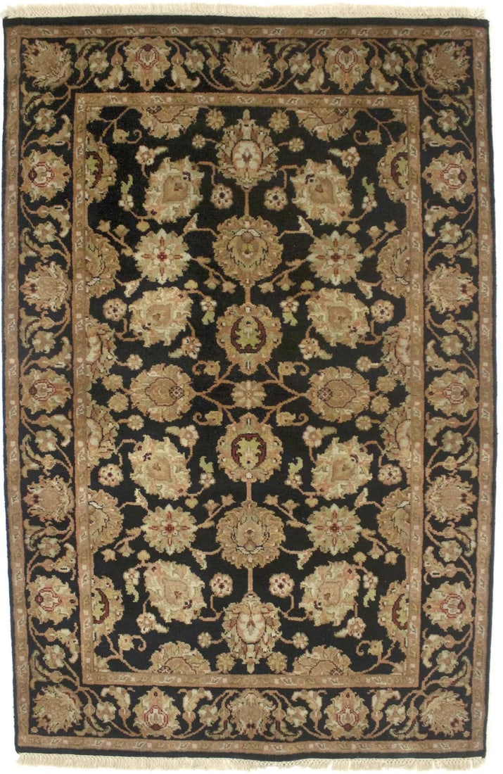 Wool Floral Hand-Knotted Agra Jaipur Black Area Rug 3'11 x 6' Rectangle: Wool Floral Hand-Knotted Agra Jaipur Black Area Rug 3'11 x 6' Rectangle This handmade Agra Jaipur area rug features a plush, high pile with a floral motif in black, ivory, red, brown, rusty peach, and