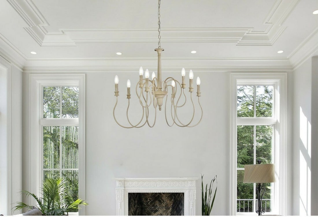 Flynx 9 Light Weathered Dove Chandelier 31 inch: Flynx 9 Light Weathered Dove Chandelier 31 inch This modern farmhouse chandelier features a weathered dove finish and a classic candlestick design, making it a stylish addition to dining rooms, kitche