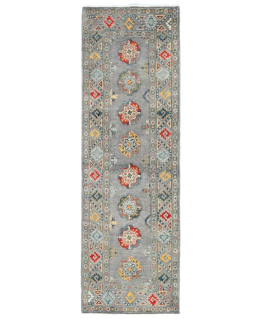 Hand-Knotted Gray Tribal Geometric Kazak Runner Rug 2'8 x 8'3 Wool: Hand-Knotted Gray Tribal Geometric Kazak Runner Rug 2'8 x 8'3 Wool Enhance your space with this stunning Gray Tribal Geometric Kazak Oriental Runner Rug, perfect for hallways and various rooms such as