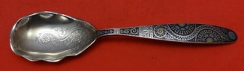 Gorham Number 375 sterling berry spoon gold washed bright cut 8 5/8: Gorham Number 375 sterling berry spoon gold washed bright cut 8 5/8 Sterling silver berry spoon by Gorham in Pattern Number 375. It features a gold washed, enameled, bright cut design and measures 8 5