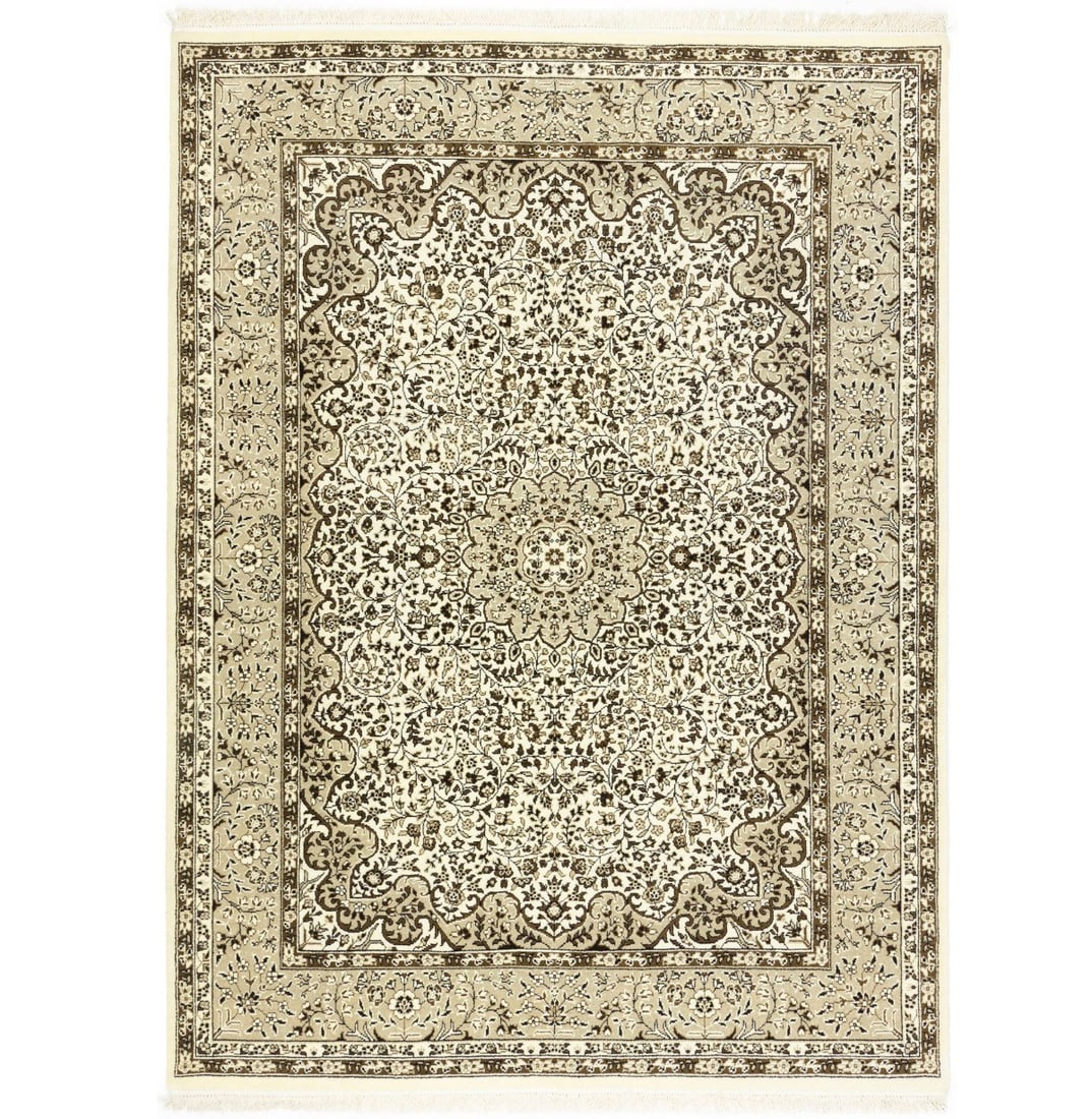 Hand-Knotted Wool Area Rug Floral Pattern Cream Beige Brown 5'9 x 7'9: Hand-Knotted Wool Area Rug Floral Pattern Cream Beige Brown 5'9 x 7'9 This handmade Kirman Oriental rug features a traditional floral pattern in cream, beige, brown, and black tones. Expertly hand-kno