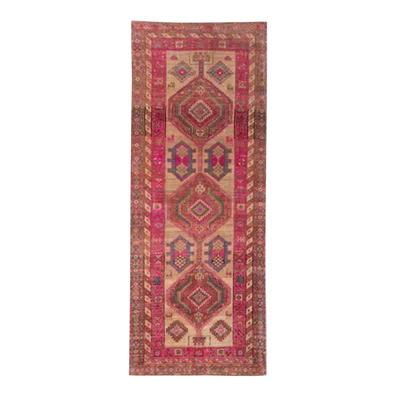 1960s Handmade Geometric Wool Runner Beige Pink Accents: 1960s Handmade Geometric Wool Runner Beige Pink Accents This stunning vintage handmade wool runner features a beautiful shabby chic aesthetic, showcasing a beige field adorned with pink accents in a g