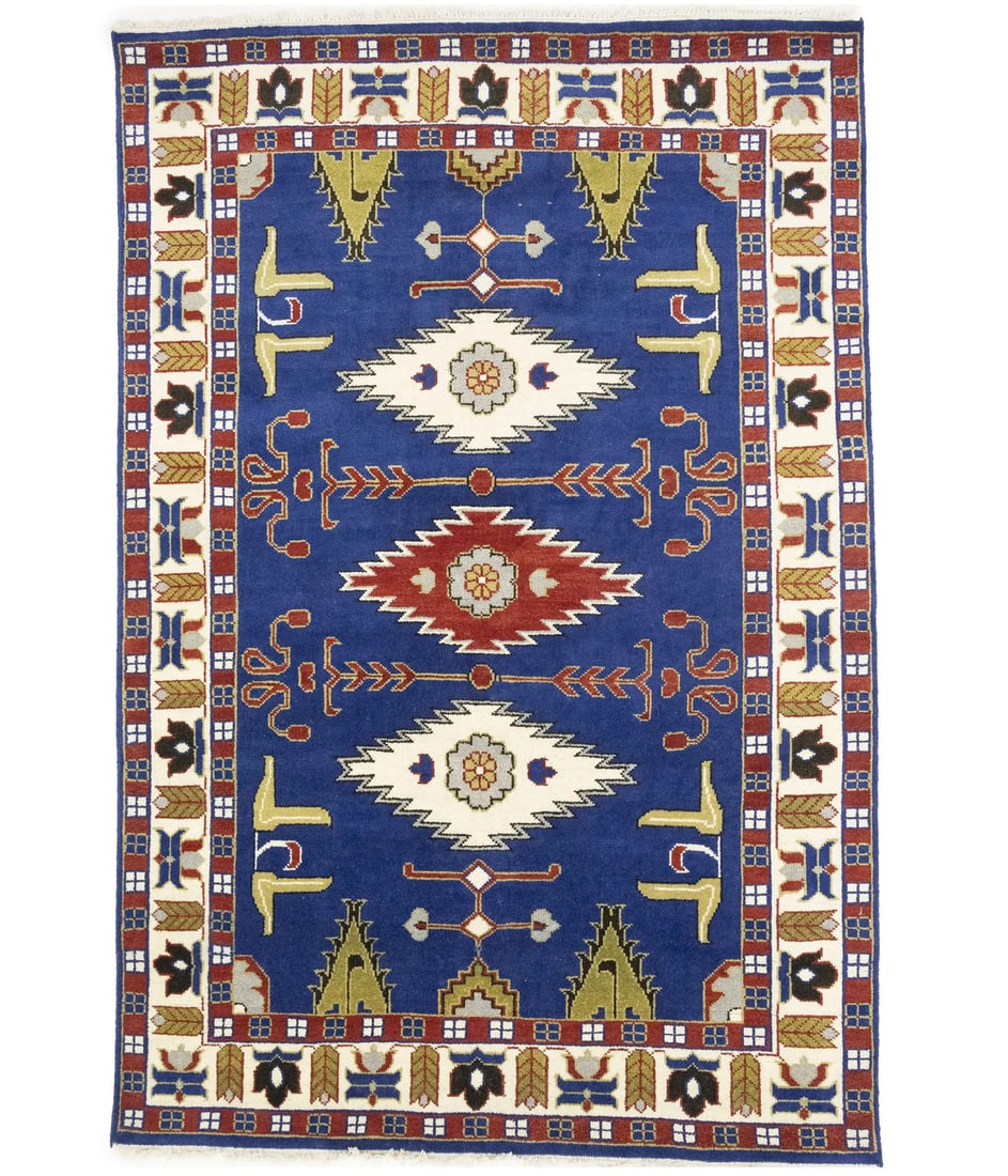 Handmade 6 x 9 Kazak Geometric Wool Rug for Modern Living Spaces: Handmade 6 x 9 Kazak Geometric Wool Rug for Modern Living Spaces Enhance your living space with this stunning 6'0 x 8'11 handmade Kazak oriental rug. Featuring a captivating geometric pattern in shade