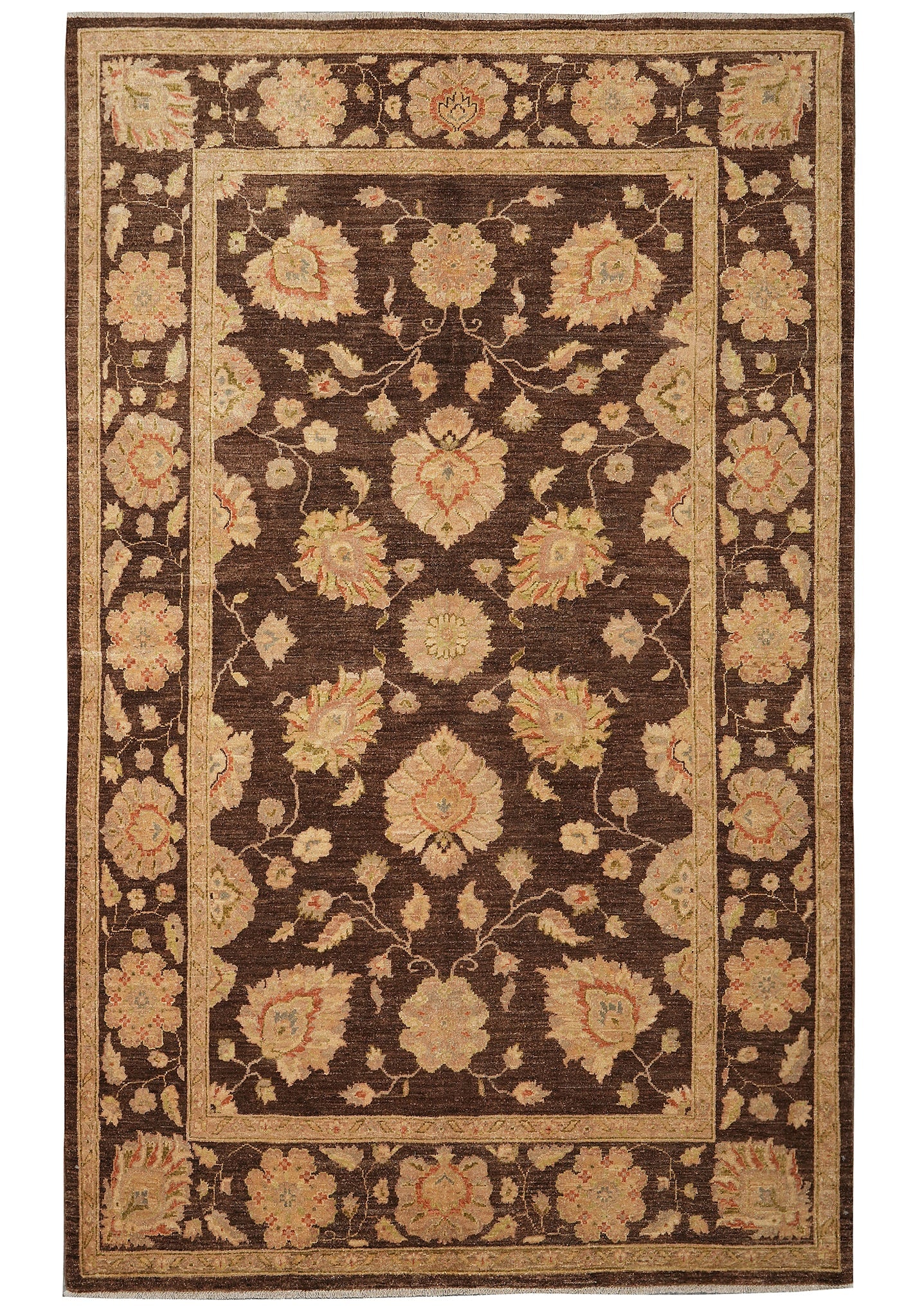 5.5 x 9 Chocolate Brown Hand-Knotted Zigler Chobi Peshawar Rug: 5.5 x 9 Chocolate Brown Hand-Knotted Zigler Chobi Peshawar Rug Free continental US Shipping This 5.5 x 9 foot rug features a classic Zigler Chobi Peshawar design, hand-knotted in a rich chocolate brow