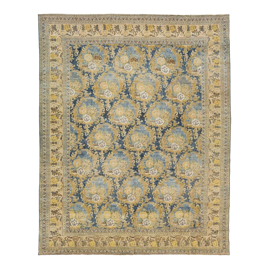 9' x 11'4" Antique Wool Mahal Rug in Indigo and Ochre: 9' x 11'4" Antique Wool Mahal Rug in Indigo and Ochre This antique Mahal rug features a hand-knotted wool construction with a richly detailed floral design. It presents an overall composition of repea