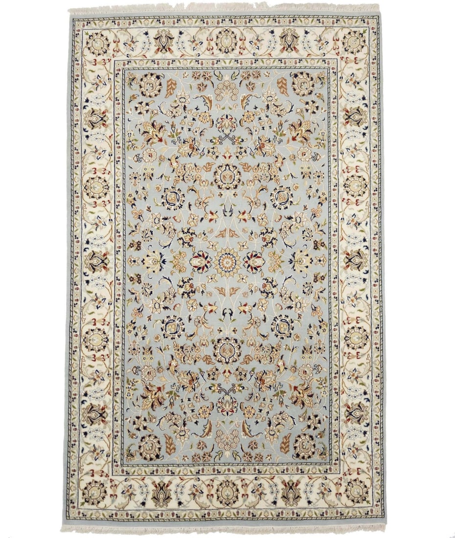Handmade Floral Design Indo-Nain Area Rug 5'1 x 8'2 Wool Silk: Handmade Floral Design Indo-Nain Area Rug 5'1 x 8'2 Wool Silk Enhance your space with this stunning handmade Indo-Nain Oriental rug featuring an allover floral design. Crafted from a blend of wool and