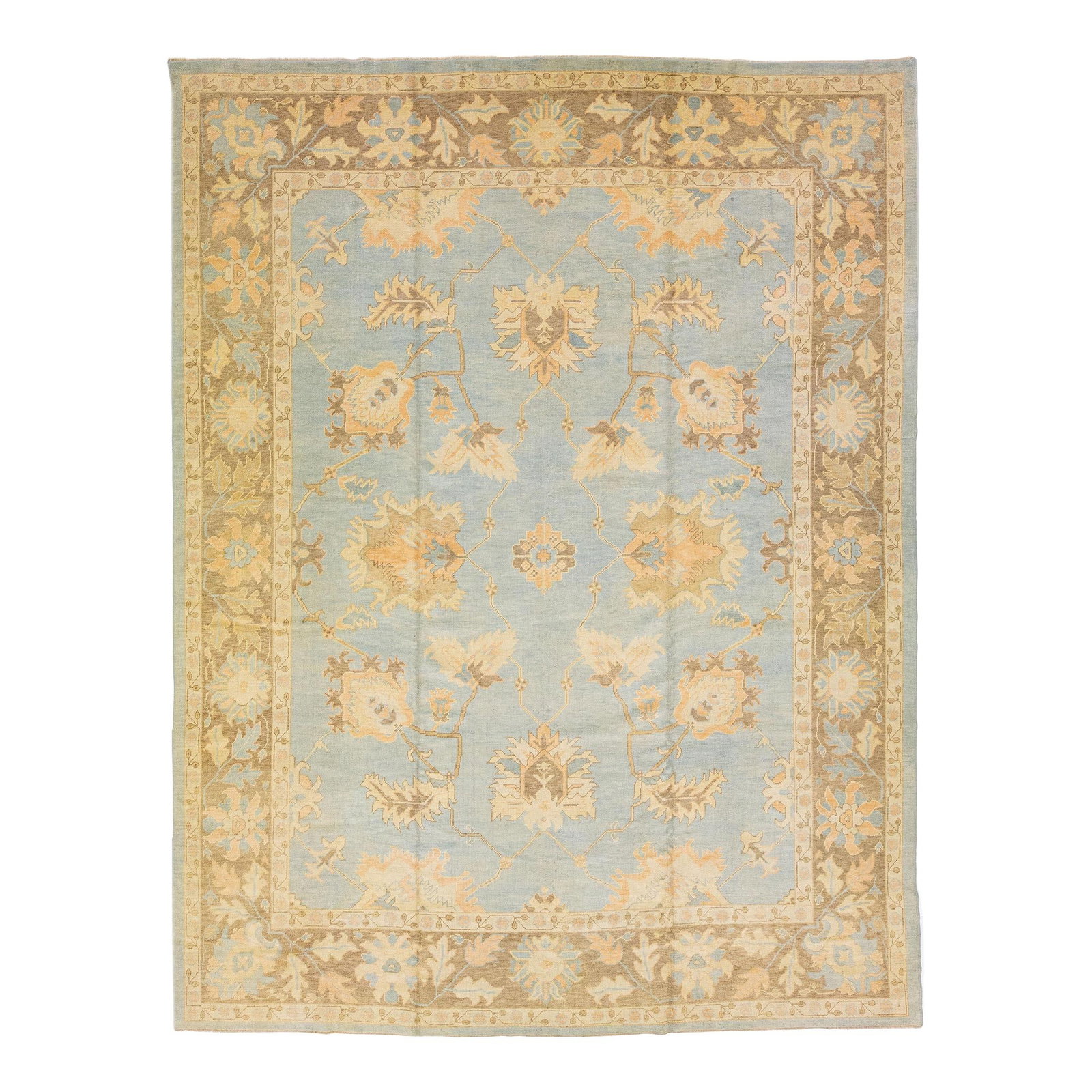 Handmade Turkish Blue Wool Rug 11'7 x 15'2 Floral Design: Handmade Turkish Blue Wool Rug 11'7 x 15'2 Floral Design Enhance your living space with this stunning handmade modern Turkish wool rug, featuring a serene light blue field artfully adorned with a deta