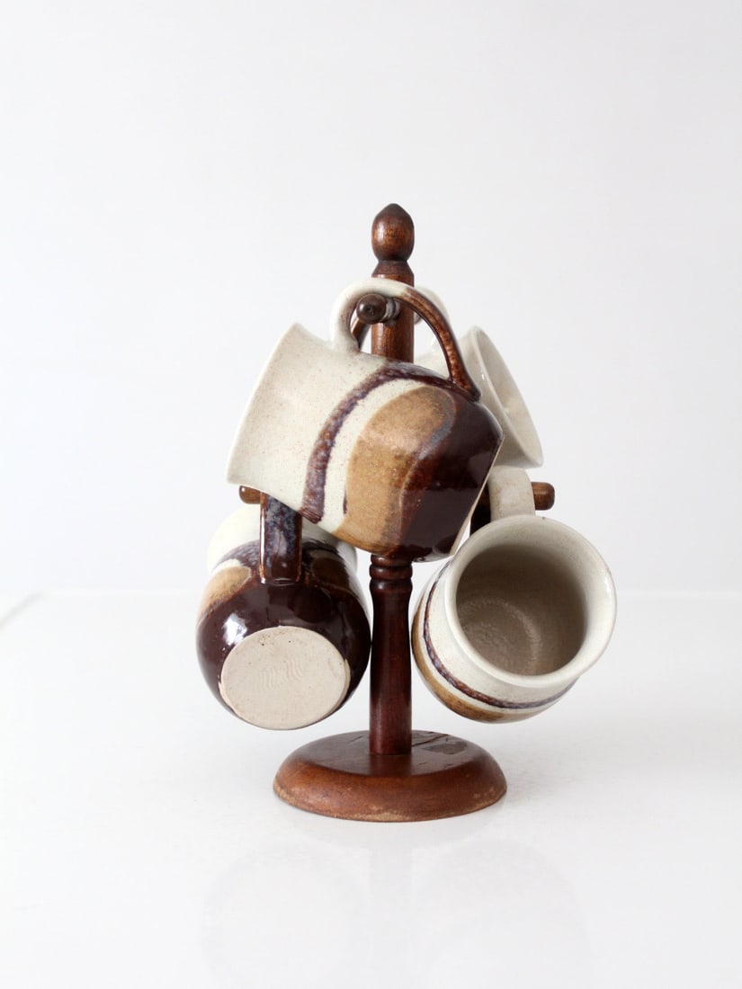 4 Handmade Studio Pottery Mugs with Turned Wooden Stand (1 of 16)