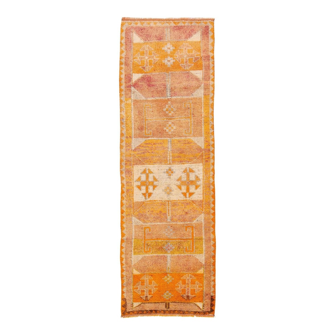 3'4" x 10'4" Turkish Wool Runner With Orange Tribal Diamond Design: 3'4" x 10'4" Turkish Wool Runner With Orange Tribal Diamond Design Handwoven in Turkey, this vibrant wool runner features three bold diamond medallions surrounded by stepped geometric patterns in warm