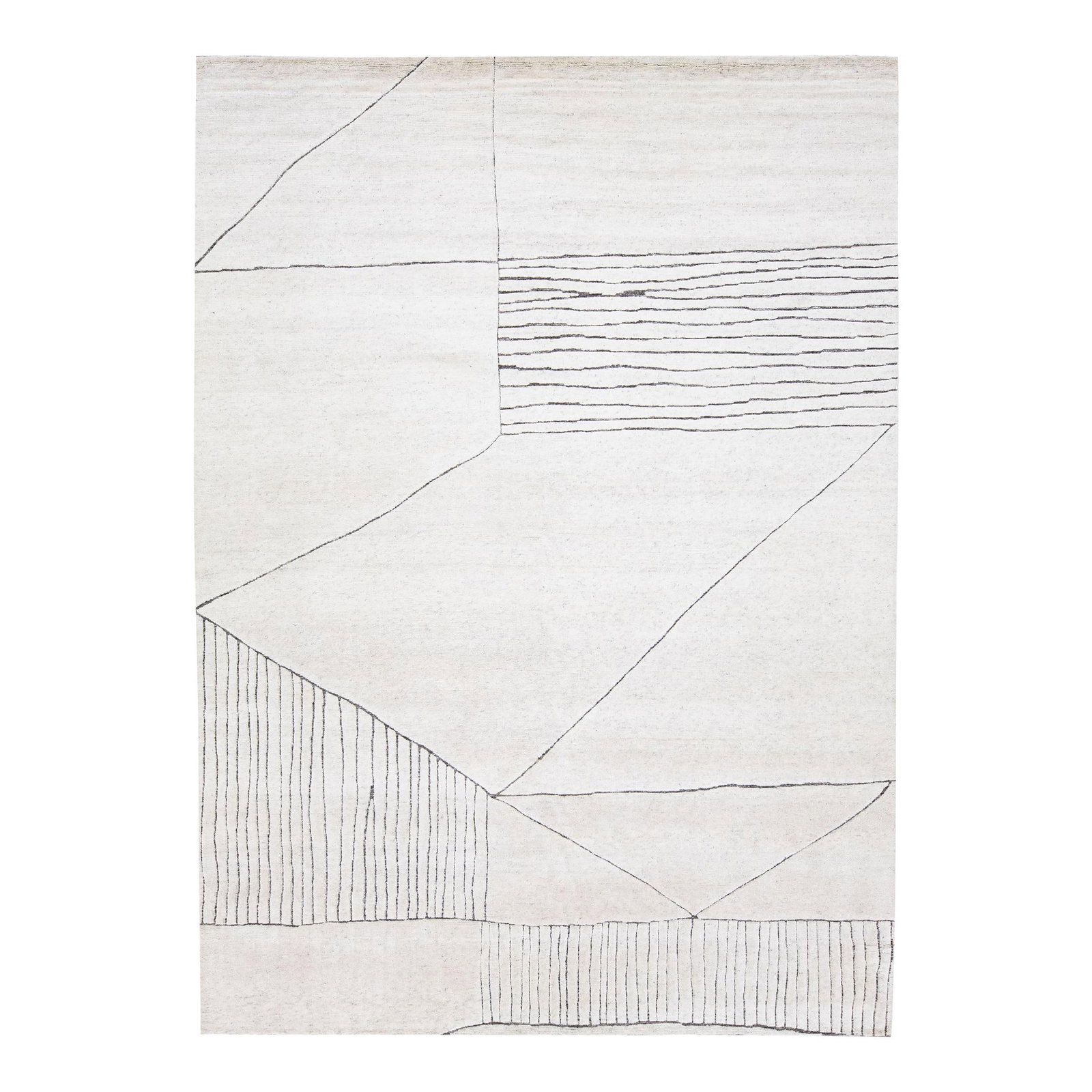 Modern Geometric Wool Rug 10'1 x 14' Ivory Field: Modern Geometric Wool Rug 10'1 x 14' Ivory Field Experience the elegance of modern design with this exquisite hand-knotted wool rug inspired by Moroccan style. Featuring a stunning ivory field, this p