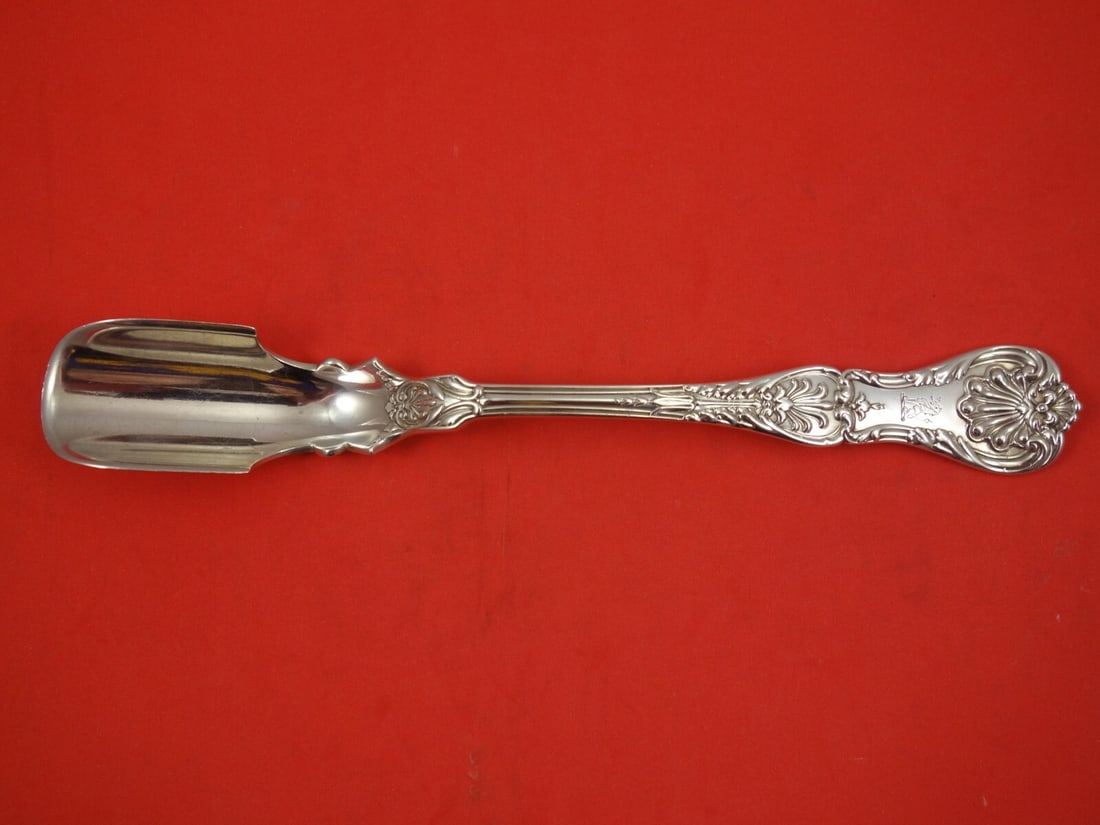 Gorham King George Sterling Silver Cheese Scoop 8.5 Inch Monogrammed: Gorham King George Sterling Silver Cheese Scoop 8.5 Inch Monogrammed This stunning cheese scoop from the King George pattern by Gorham is crafted from high-quality sterling silver, showcasing both ele