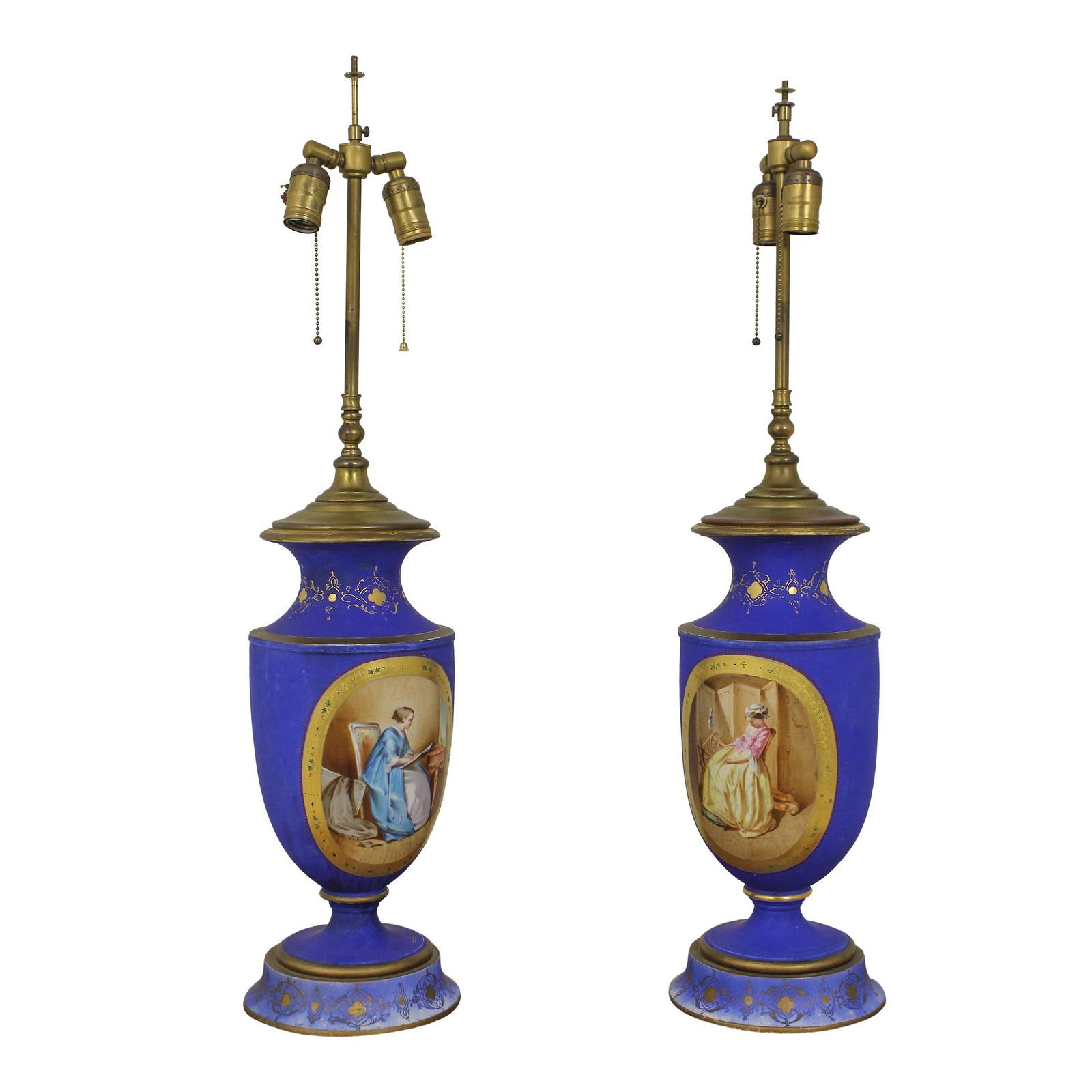 Vintage French Porcelain Urn Lamps Pair with Hand-Painted Portraits: Vintage French Porcelain Urn Lamps Pair with Hand-Painted Portraits This exquisite pair of vintage French servers style porcelain urn lamps, dating back to the 1930s, features beautifully hand-painted