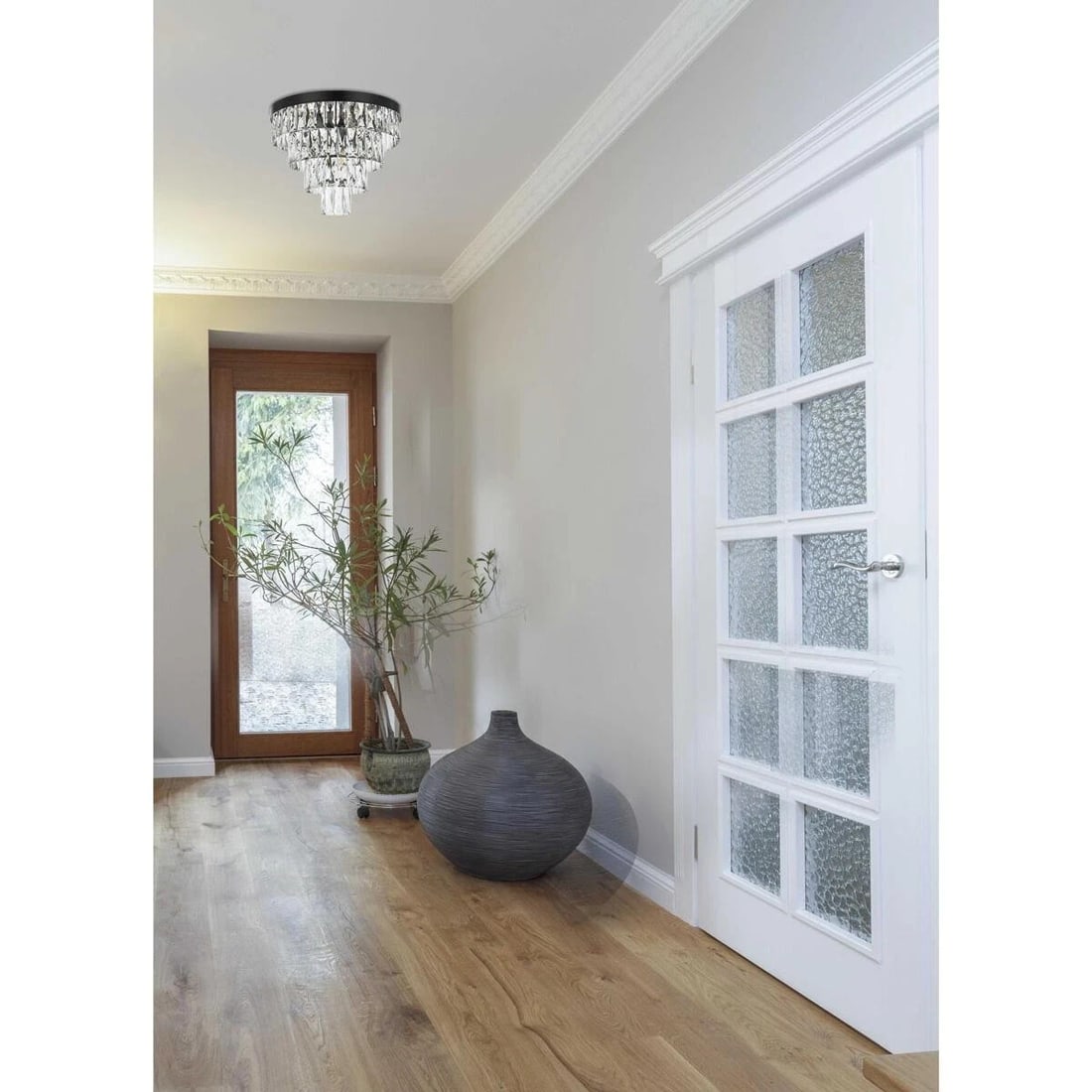 Josephine black crystal glass chandelier 6 lights 18 inch wide: Josephine black crystal glass chandelier 6 lights 18 inch wide This modern flush mount chandelier features a high-quality black finish with royal cut clear crystals, creating a sophisticated statement