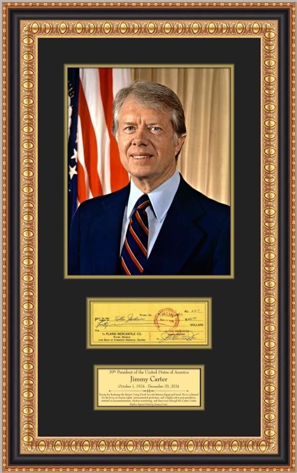 Framed Jimmy Carter Historical Display With Facsimile Signed Check and Portrait (1 of 4)