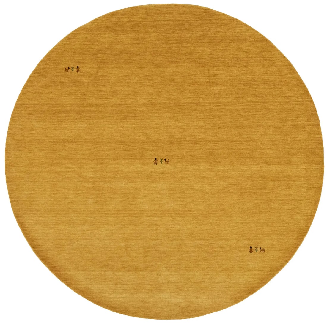 Hand-Loomed Wool Round Modern Tribal Rug 8'1 x 8'2 Golden Peach: Hand-Loomed Wool Round Modern Tribal Rug 8'1 x 8'2 Golden Peach This large round Gabbeh rug features a golden peach color with a tribal design, adding a modern touch to any living space. Hand-loomed f