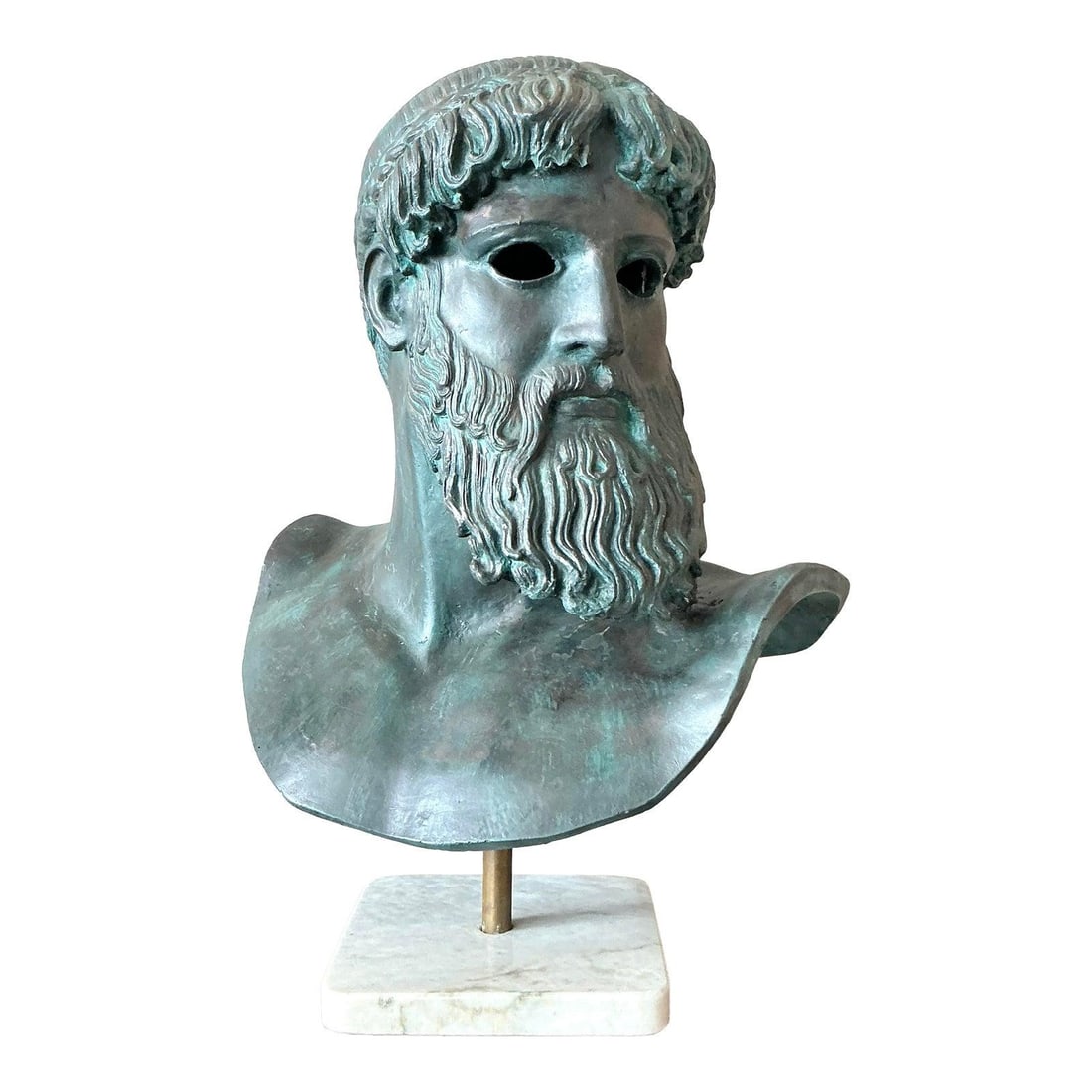 Patinated Plaster Male Bust Sculpture on Marble and Brass Base: Patinated Plaster Male Bust Sculpture on Marble and Brass Base This vintage patinated plaster bust features a distinguished male figure, showcasing intricate detailing in the beard and hair for a clas