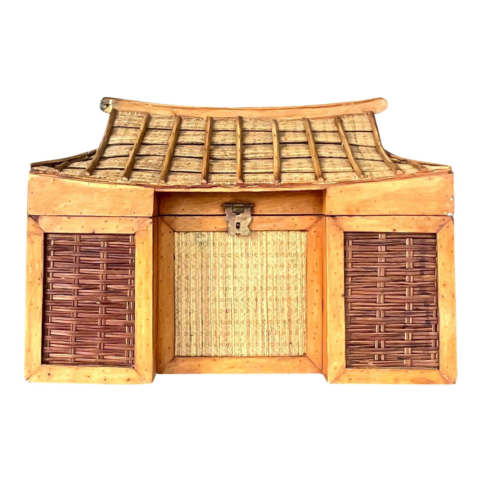 Vintage Boho Rattan Pagoda Trunk from Palm Beach Estate: Vintage Boho Rattan Pagoda Trunk from Palm Beach Estate Discover this stunning vintage Boho woven rattan trunk, featuring a unique pagoda shape that opens at the roofline. This chic piece is not only 