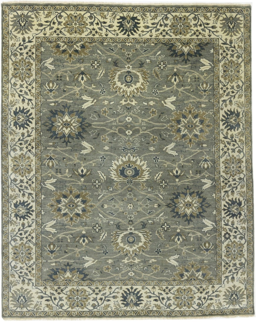 Floral Hand-Knotted Wool Area Rug 8'0 x 9'11 Taupe Modern Design: Floral Hand-Knotted Wool Area Rug 8'0 x 9'11 Taupe Modern Design Enhance your living space with this exquisite 8'0" x 9'11" hand-knotted Peshawar Osh Chobi Oriental rug, featuring a beautiful floral d