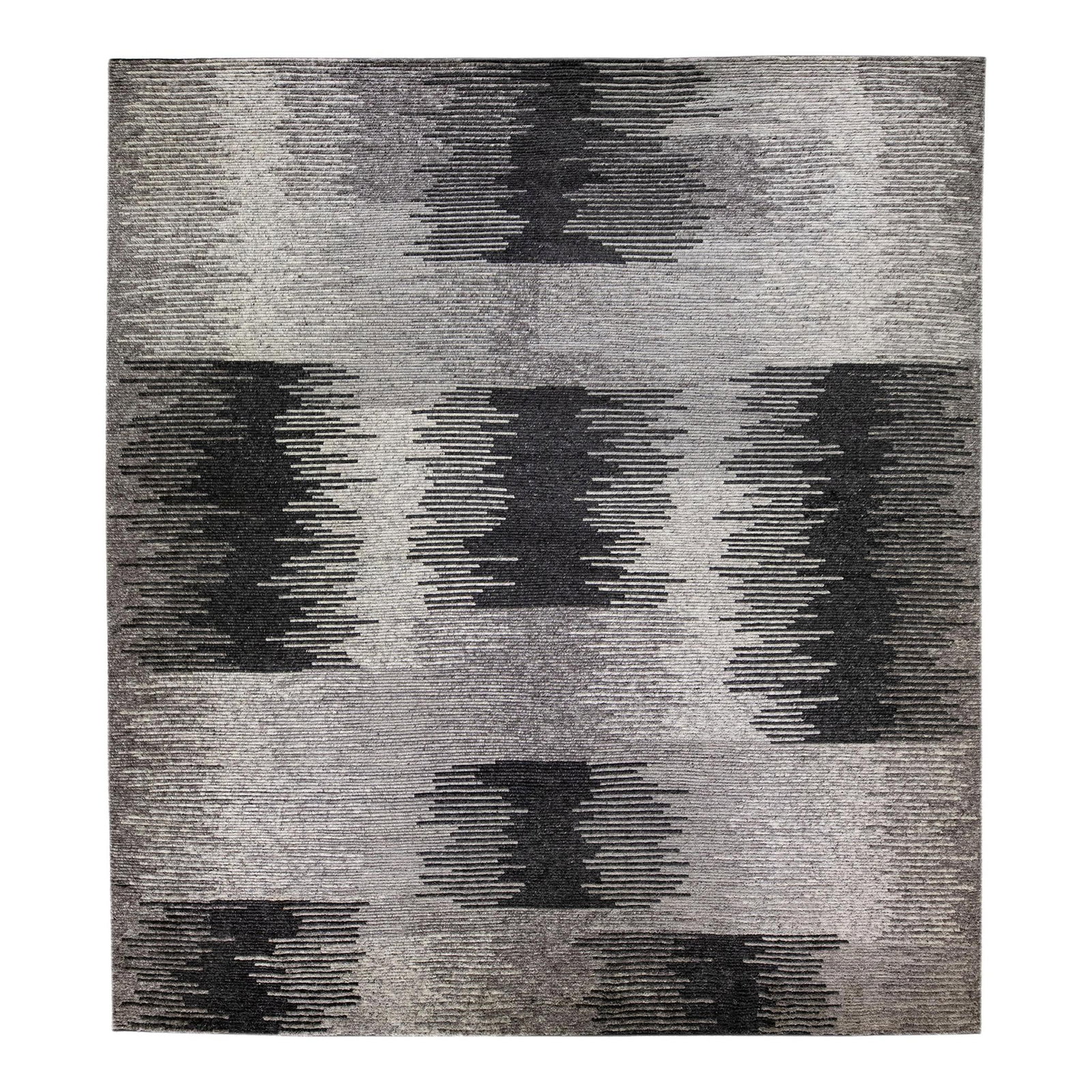 Oversized Gray Wool Rug Modern Moroccan Geometric Abstract 16' x 18': Oversized Gray Wool Rug Modern Moroccan Geometric Abstract 16' x 18' Discover the elegance of this modern Moroccan style hand-knotted wool rug, featuring a striking gray-charcoal field adorned with a 