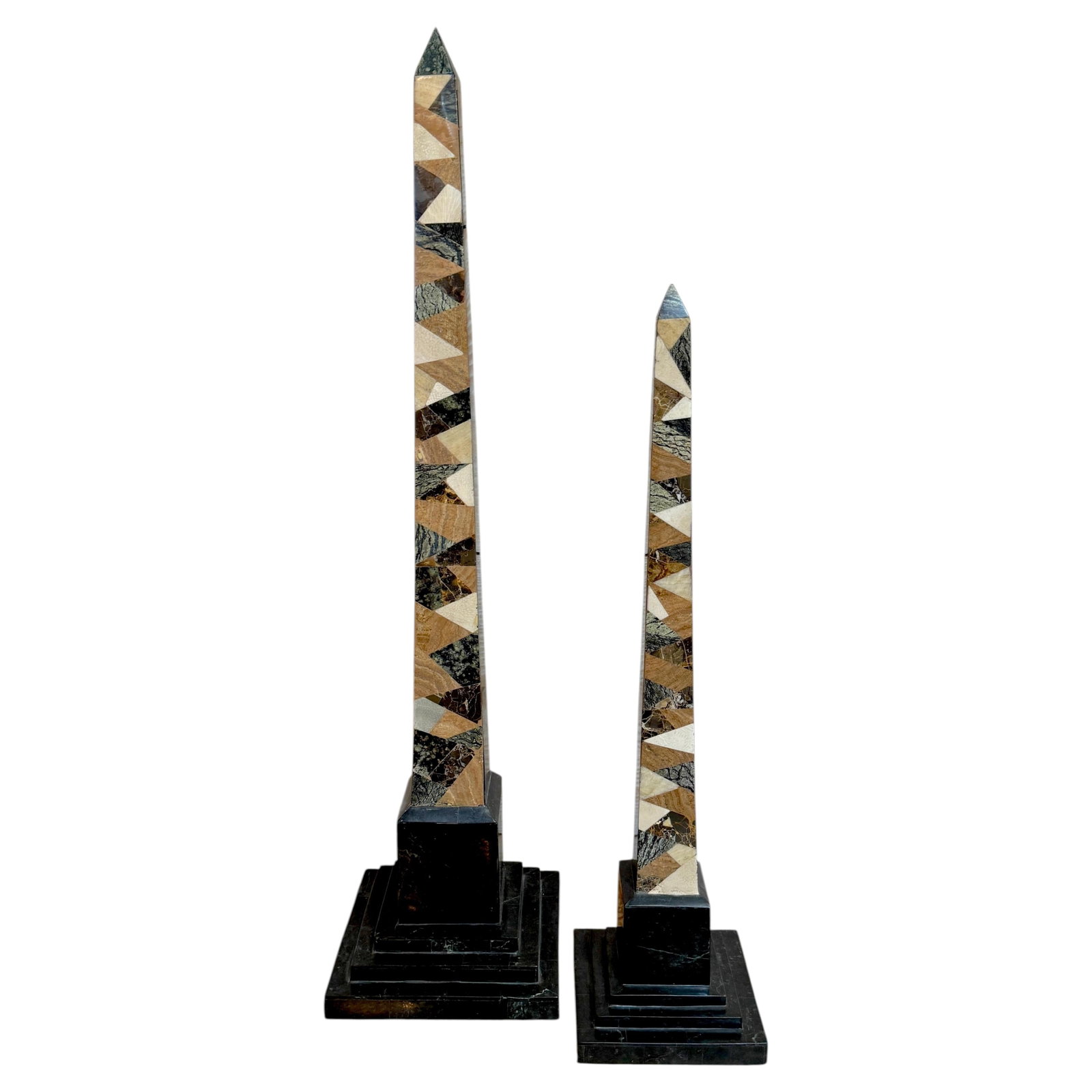 Set of 2 Maitland-Smith Marble Inlay Grand Tour Obelisks: Set of 2 Maitland-Smith Marble Inlay Grand Tour Obelisks This pair of graduated tessellated specimen marble obelisks by Maitland-Smith showcases refined late 20th-century neoclassical design. Each obe